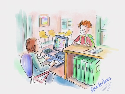 Illustrazione: persona adulta alla scrivania della segreteria accoglie giovane persona con capelli rossi e zaino.