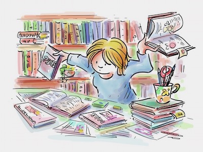 Illustrazione GenderLens: persona adulta con capelli biondi circondata da libri e riviste cerca informazioni con espressione interrogativa.