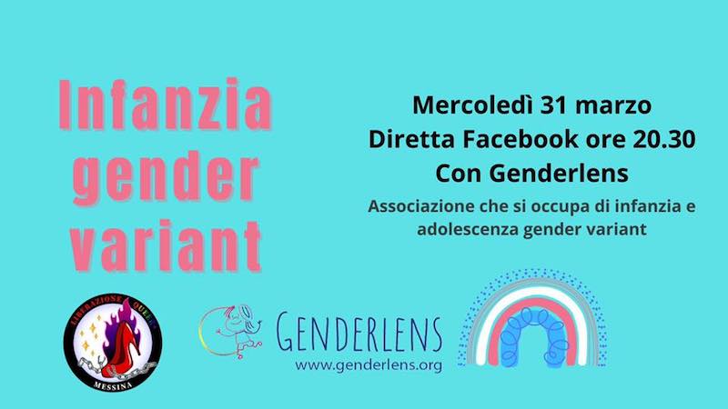 Locandina evento Facebook di Liberazione Queer+ Messina su Infanzia Gender Variant