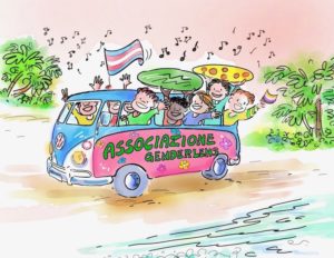 I volontari dell'associazione Famiglie Genderlens gioiosi sul pulmino rosa-azzurro