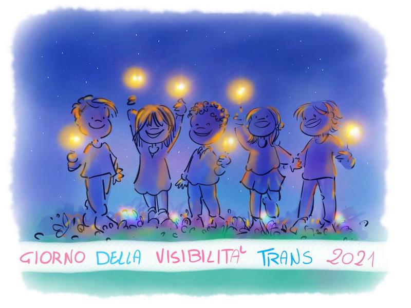 Bambinә gender varianti illuminano il cielo notturno con lucine per ricordare che il 31 marzo è la Giornata della Visibilità Trans