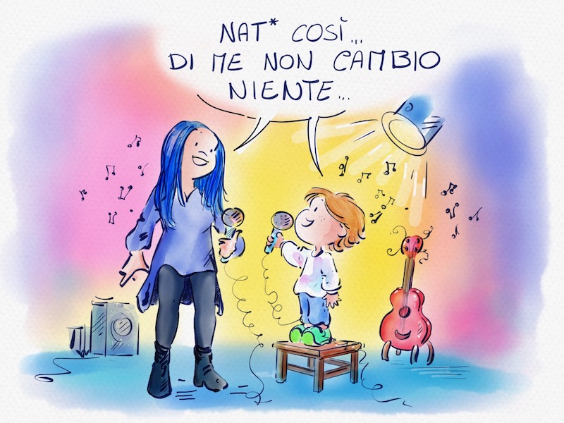 Disegno di una bellissima Loredana Bertè che canta "Figlia di..." con un bambino transgender