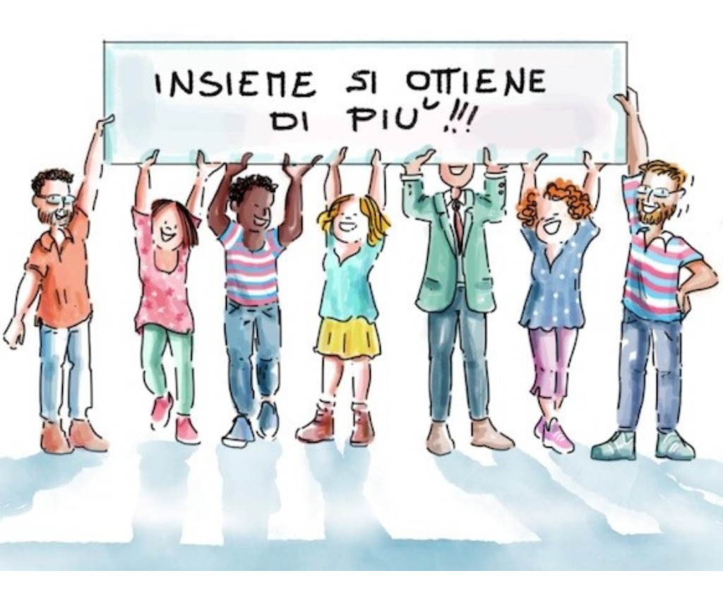 Illustrazione GenderLens transfemminista: gruppo di persone diverse con striscione "Insieme si ottiene di più" a simboleggiare lotta unita per i diritti dell'infanzia e dell'adolescenza trans e queer.