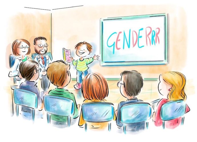 Illustrazione GenderLens: persone adulte assistono a un incontro educativo transfemminista tenuto da una persona baminba, davanti a lavagna con scritta "GENDERRR".