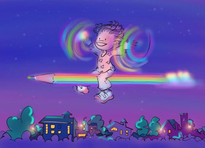 Illustrazione notturna: persona bambina con pigiama stellato vola a cavallo di matita arcobaleno sopra case e scuola.