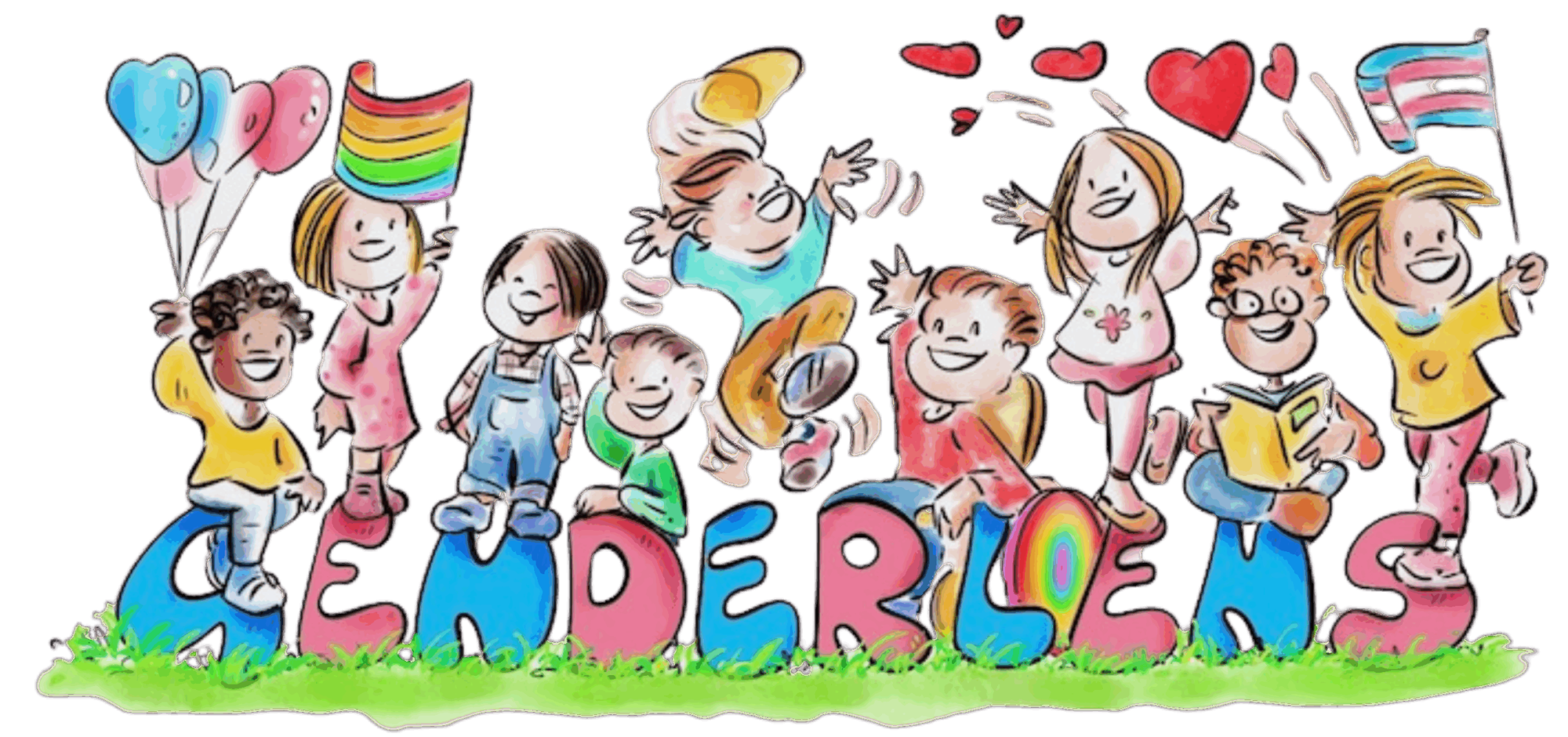 Illustrazione vivace di bambini e bambine LGBTQIA+ che giocano con bandiere trans e arcobaleno intorno al logo colorato GenderLens su prato verde.
