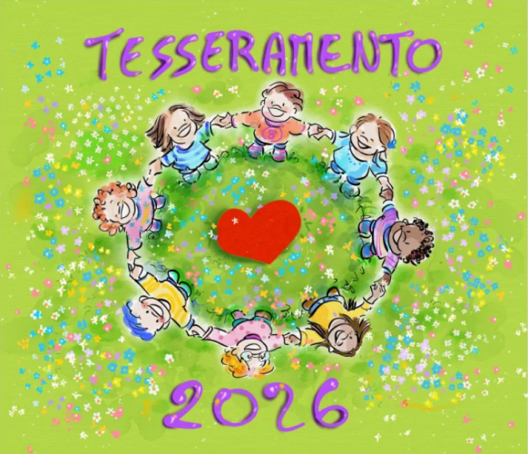 Illustrazione colorata per tesseramento GenderLens 2026: cerchio di persone bambine diverse mano nella mano intorno a cuore rosso su prato fiorito verde.