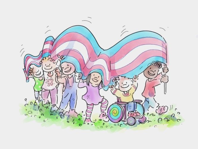 Illustrazione di persone bambine felici , di cui una su sedia a rotelle, sventolano grande bandiera con colori orgoglio trans.