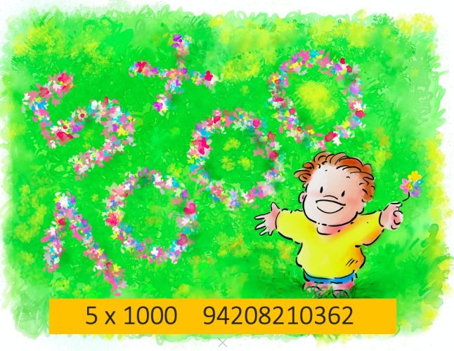 Illustrazione per 5x1000 GenderLens: persona bambina con maglia gialla braccia aperte sorride in prato verde circondata da fiori colorati che formano la scritta 5 per mille, codice fiscale 94208210362.