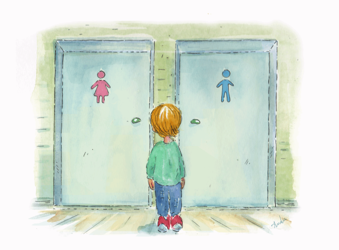 Illustrazione GenderLens: persona bambina di spalle in maglia verde guarda le porte di bagni divisi per genere con simboli maschio femmina.